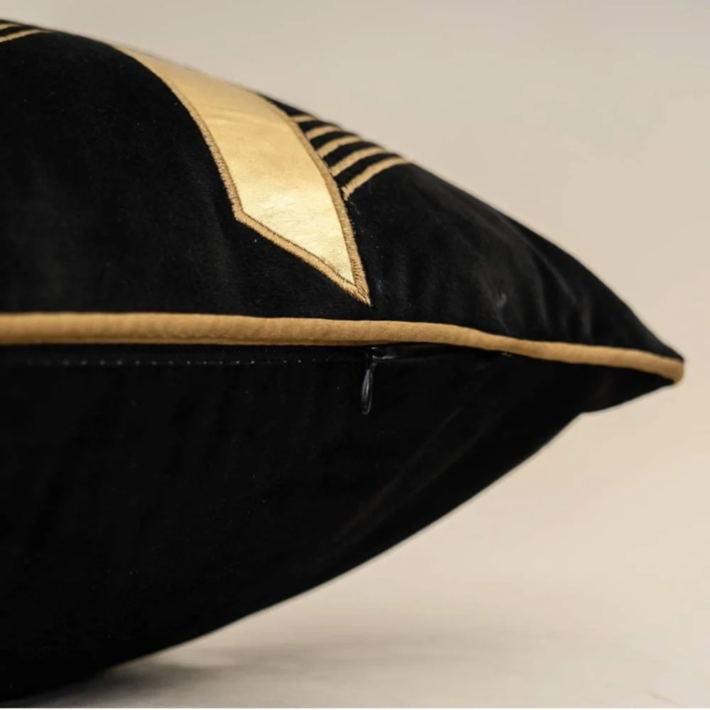 Luxury Home | Black & Gold Soft Velvet Faux Leather Geo Lumbar Pillow Cover